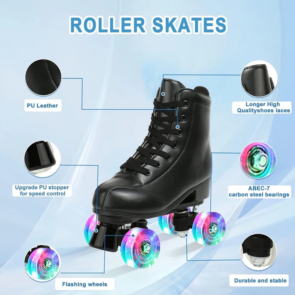 Women’s PU leather double-row quad roller skates with 4 wheels